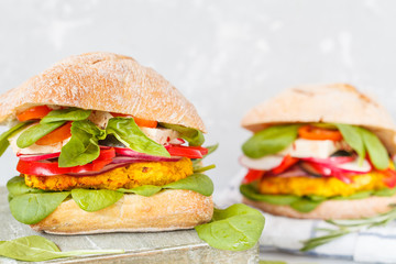 Vegan lentils burgers with tofu and vegetables.