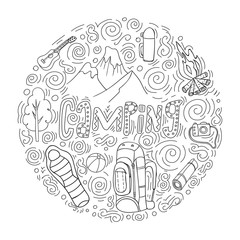 Set of hand drawn sketch camping equipment symbols and icons. Vector illustration.Lettering