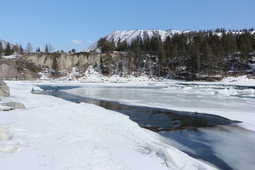 Ice melting on the river in the spring, Katun River, Ongudaysky district, Altai, Russia