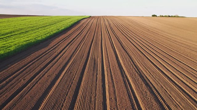 Flight over agricultural arable land fields