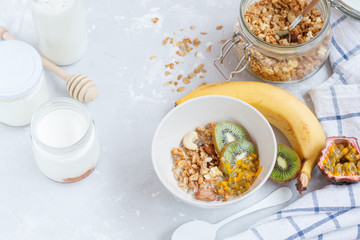 Healthy breakfast: muesli, yoghurt, fruit
