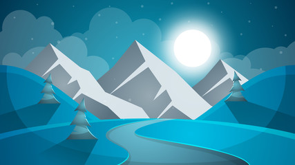 Cartoon snow landscape. Sun, snow, fir mountine illustration Vector eps 10
