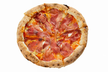 Delicious pizza served on wooden plate isolated on white