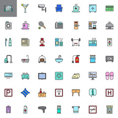 Hotel services and facilities filled outline icons set, line vector symbol collection, linear colorful pictogram pack isolated on white. Signs, logo illustration, web vector graphics