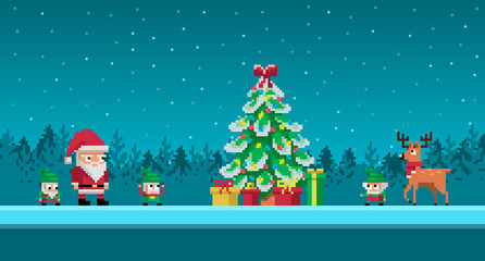 Pixel art scene with santa claus and gnomes