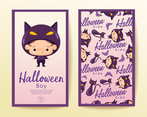 Boy and girl wearing Halloween fancy hat in vertical card template : Vector Illustration