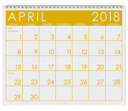 2018 Calendar: Month Of April With Easter
