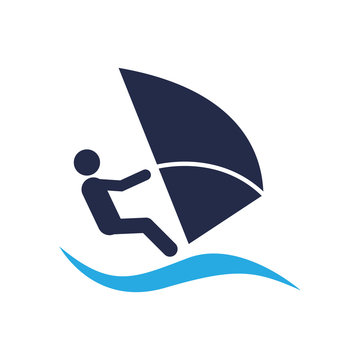 Icono plano windsurf con ola azul en fondo blanco