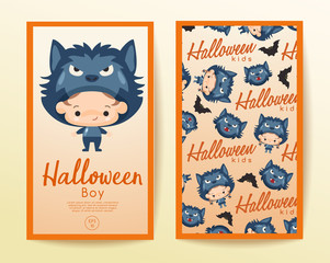 Boy and girl wearing Halloween fancy hat in vertical card template : Vector Illustration