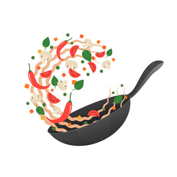 Stir fry. Cooking process vector illustration. Flipping Asian noodles in a pan. Cartoon style. Flat