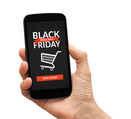 Hand holding a black smart phone with Black Friday concept on screen. Isolated on white background. All screen content is designed by me.