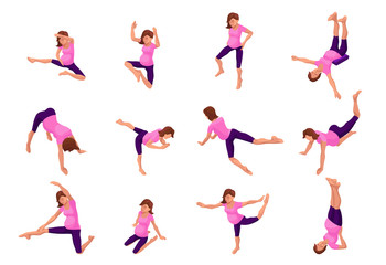 Pregnancy yoga big set with pregnant woman doing physical fitness exercise, isometric 3d vector illustration with sport training, relaxation and meditation poses collection