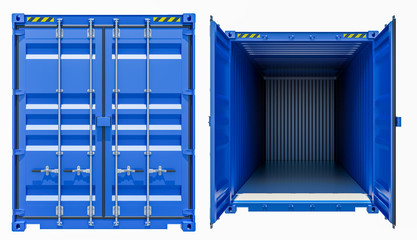 Blue cargo freight container, opened and closed
