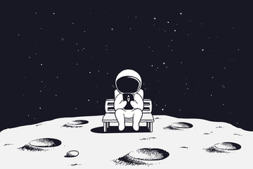 astronauta siedzi na ławce i do telefonu komórkowego.Spaceman na ilustracji Moon.Vector - 179973328