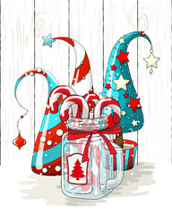 group of abstract christmas trees and glass jar with candy canes, holiday motive, illustration