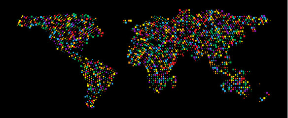 Abstract Hatched World Map with scuare. Travel Vector Illustration. Earth world map of rainbow. Abstract geography vector background. Multicolored dots world map. Easy colors change.