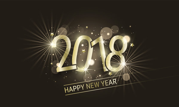 Glowing New Year banner with golden inscription 2018, stars and glitter. Vector illustration.