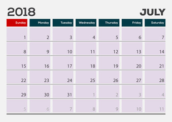 Monthly Desk Pad Calendar template, July 2018. Vector illustration