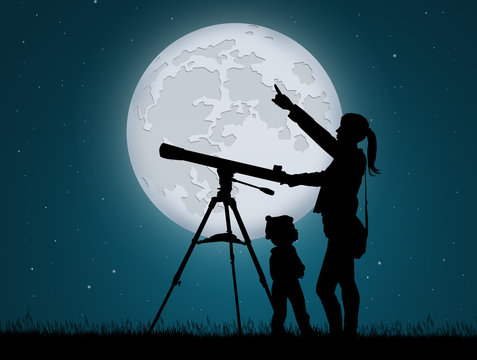 mother and child looking the sky with telescope