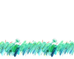 Watercolor illustration. seamless linear border, background with vintage seamless floral pattern - grass, wild plants of green color. Watercolor card, postcard, invitation. Windy day.