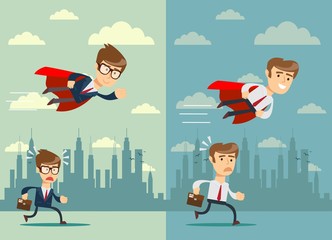 businessman with red cape fly pass his competitor. Set. Stock flat vector illustration.