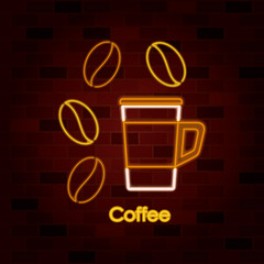 coffee beans and coffee cup on neon sign on brick wall