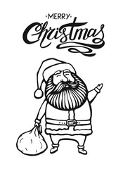 Vector Christmas template with Santa and lettering. Holiday background and design banner, invitation. Vector illustration with hand-drawn xmas graphic.