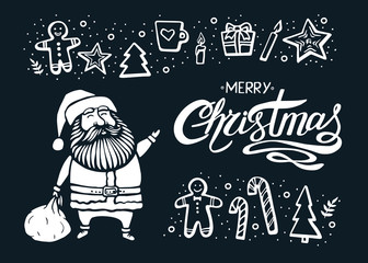 Set of hand-drawn xmas graphic. Vector Christmas template with Santa and lettering. Holiday background and design banner, invitation. Vector illustration.