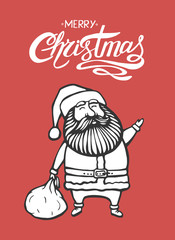 Vector Christmas template with Santa and lettering. Holiday background and design banner, invitation. Vector illustration with hand-drawn xmas graphic.