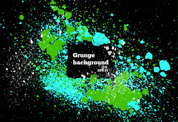 Green paint, ink splash, brushes ink droplets, blots. Dirty artistic design elements, boxes, frames. Grunge frame with space for your text or image. Template space for your text or image.