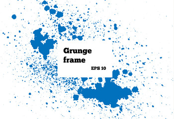 Blue paint, ink splash, brushes ink droplets, blots. Dirty artistic design elements, boxes, frames. Grunge frame with space for your text or image. Template space for your text or image.
