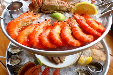Gorgeous seafood platter with prawns, lobsters, scallops, oysters and more.