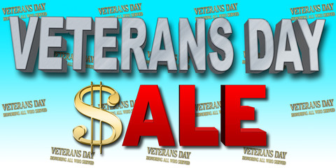 Stock Illustration - Steel Veterans Day, Red Sale, Golden Dollar Sign, Blue Gradient Background, 3D Illustration.