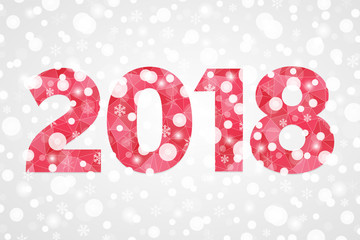 2018 Happy New Year abstract triangle illustration. Poly vector symbol. Decorative red geometric icon. Gray and white gradient background with snowflakes, sparkles, lights, snow for celebration