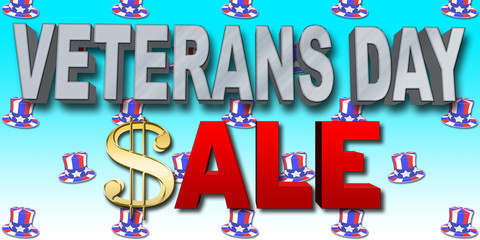 Stock Illustration - Steel Veterans Day, Red Sale, Golden Dollar Sign, Blue Gradient Background, 3D Illustration.