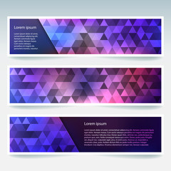 Horizontal banners set with polygonal triangles. Polygon background, vector illustration. Purple, blue colors.