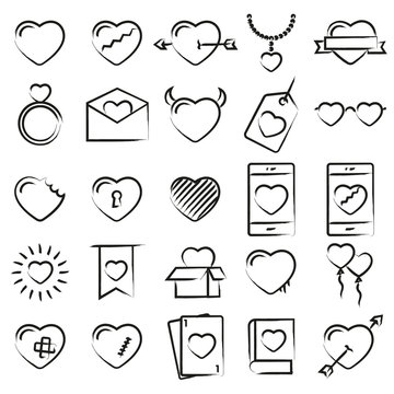Hearts icons hand drawn style vector illustration. Love elements for Valentines day, wedding, celebration.