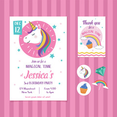 Unicorn Birthday Invitation Card Template with Unicorn Head Illustration
