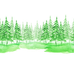 Seamless watercolor linear pattern, border. green spruce, pine, cedar, larch, abstract forest, silhouette of trees. On white isolated background. Coniferous forest