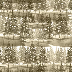 Fototapete Wald Nahtloses Aquarellmuster, Hintergrund. dunkle, braune Silhouette von Bäumen, Fichte, Kiefer, Zeder. Abstrakte malerische Waldlandschaft.