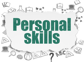 Learning concept: Painted green text Personal Skills on Torn Paper background with  Hand Drawn Education Icons