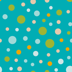 Colorful polka dots seamless pattern on bright 1 background. Adorable classic colorful polka dots textile pattern. Seamless scattered confetti fall chaotic decor. Abstract vector illustration.