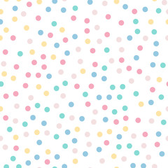 Colorful polka dots seamless pattern on white 9 background. Fine classic colorful polka dots textile pattern. Seamless scattered confetti fall chaotic decor. Abstract vector illustration.