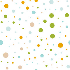 Colorful polka dots seamless pattern on white 1 background. Remarkable classic colorful polka dots textile pattern. Seamless scattered confetti fall chaotic decor. Abstract vector illustration.