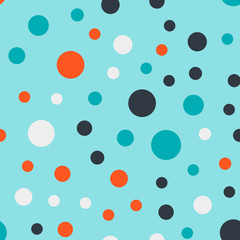 Colorful polka dots seamless pattern on bright 17 background. Bewitching classic colorful polka dots textile pattern. Seamless scattered confetti fall chaotic decor. Abstract vector illustration.