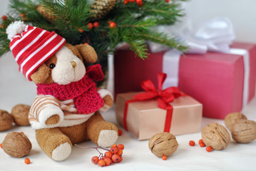 A small  toy dog in a knitted cap, gift boxes, nuts and Christmas spruce branches. Christmas and New Year card. Still life.