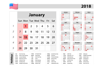Simple calendar 2018 - one year at a glance - starts Monday with public holidays for the USA