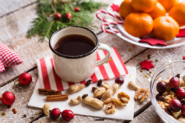 Christmas composition on a wooden background.