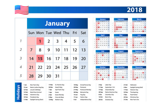 USA calendar 2018 - official holidays and non-working days, week starts on sunday