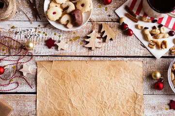 Christmas composition on a wooden background.